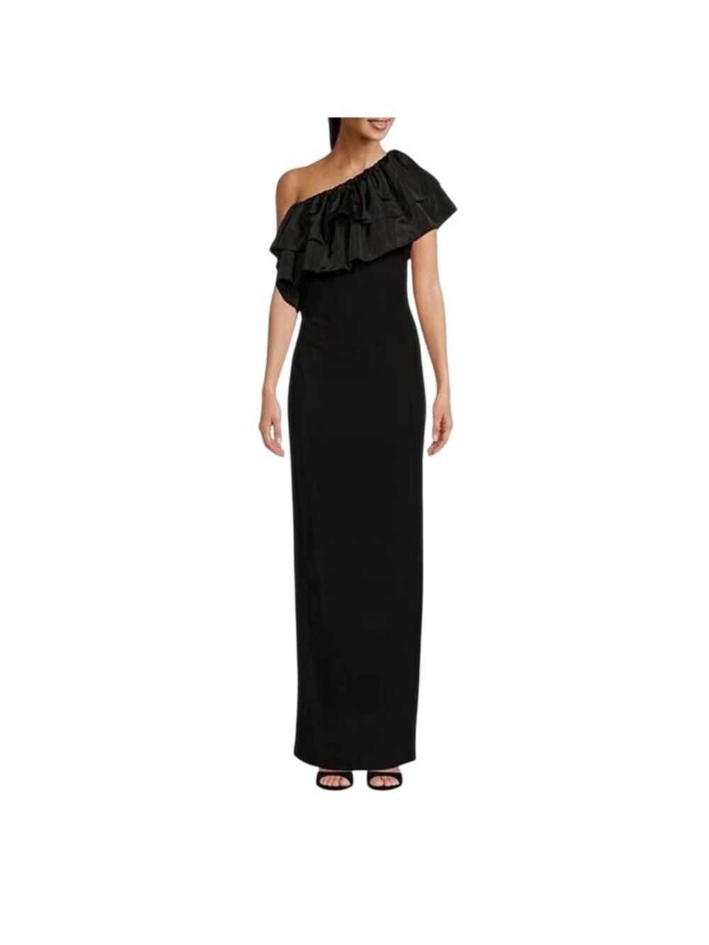 Badgley Mischka Black One-Shoulder Ruffle Gown